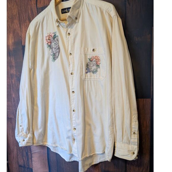 VTG Luna Pier Long Sleeve Button Up Pastel Yellow Shirt Sz L Kittencore Kawaii - Picture 2 of 8